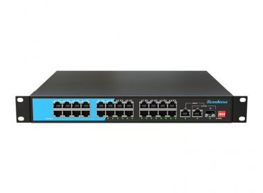 Scodeno S200 неуправляемый PoE коммутатор, 24х10/100 Base-T PoE, Uplink: 1xSFP, 2xRJ45, встр., 150Вт
