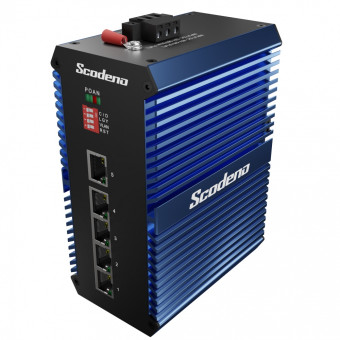 Scodeno X-Blue неуправляемый PoE+ коммутатор на DIN-рейку, 5x10/100/1000MBase-T, 126Вт, IP50