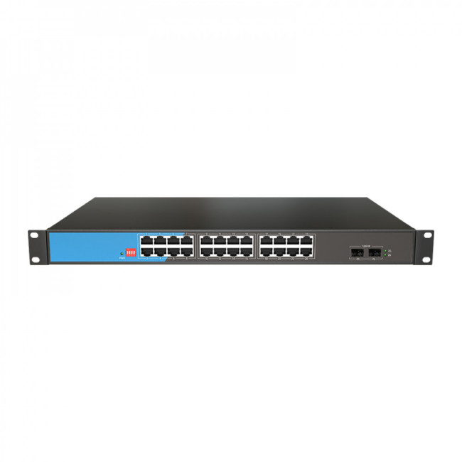 Scodeno S200 неуправляемый PoE коммутатор, Rack 19", 24х1GbE Base-T PoE, Uplink: 2xSFP, 300Вт