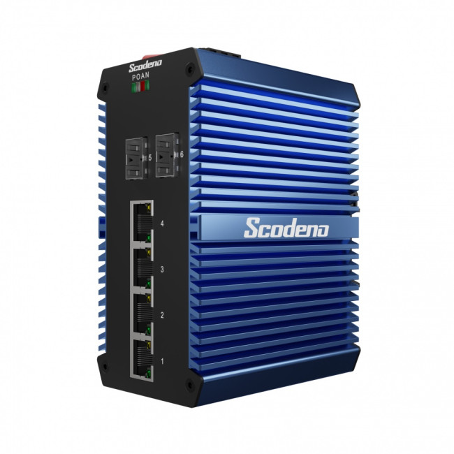 Scodeno X-Blue неуправляемый PoE+ коммутатор на DIN-рейку, 2x1GBase-X, 4x10/100/1000MBase-T, 126Вт, IP50